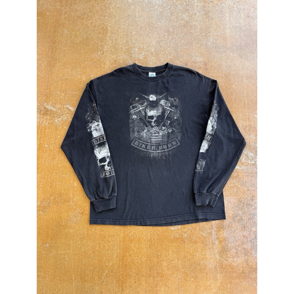VTG 2007 Biker Born Skulls Black Long Sleeve Y2K T-Shirt Sleeve Hits Engine XL